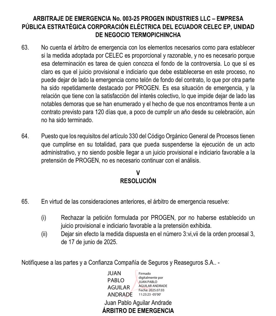 Fausto Yépez (@faustoyepez) on Twitter photo 🛑Atención
Hace pocos minutos el árbitro de emergencia también rechazó las pretensiones de PROGEN sobre el contrato para EL SALITRAL
La terminación de los dos contratos es un hecho.
CELEC, más adelante, asumiría el control de los generadores… (ver la nota⤵️)
<a href="/teleamazonasec/">Teleamazonas</a> 🛑Atención
Hace pocos minutos el árbitro de emergencia también rechazó las pretensiones de PROGEN sobre el contrato para EL SALITRAL
La terminación de los dos contratos es un hecho.
CELEC, más adelante, asumiría el control de los generadores… (ver la nota⤵️)
<a href="/teleamazonasec/">Teleamazonas</a>