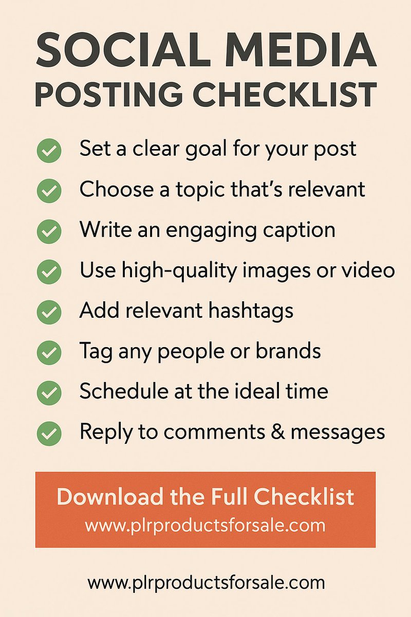 Posting to social media? Use this FREE checklist so you never miss a step 👉 plrproductsforsale.com/shop/free-soci…
#MarketingTips
💬 ChatGPT Prompt:
“Create a pre-publishing checklist for social media posts that includes caption writing, image optimization, and hashtag selection.”