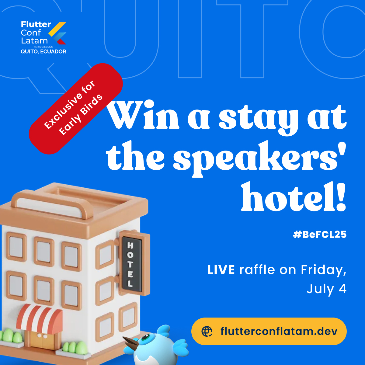 FlutterConfLAT's tweet image. We’re closing Early Bird with giveaways! 🥳💙
Win 3 nights at the speakers’ hotel.
(LIVE raffle on July 4)
Get your Early Bird ticket to participate 👇
flutterconflatam.dev
#flutterconflatam25 #FCL25 #FlutterConfLATAM #flutter #EarlyBirdDiscount #earlybird #earlybirdticket