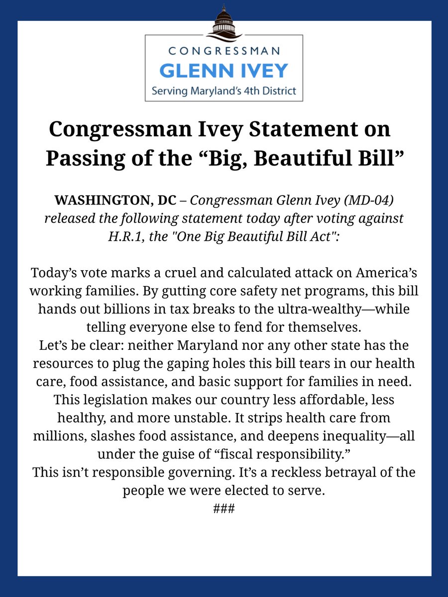 Rep. Glenn Ivey (@repglennivey) on Twitter photo Today, <a href="/HouseGOP/">House Republicans</a> passed legislation that'll make millions of Americans more poor, hungry, & unhealthy, all to give tax cuts to the already wealthy. Read my statement below. ⬇️ Today, <a href="/HouseGOP/">House Republicans</a> passed legislation that'll make millions of Americans more poor, hungry, & unhealthy, all to give tax cuts to the already wealthy. Read my statement below. ⬇️