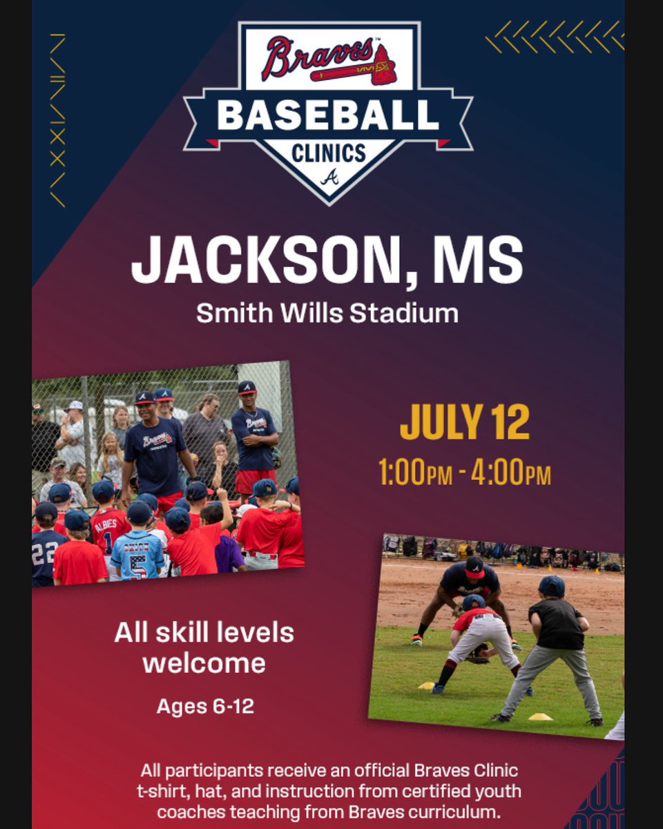 AcademyHank's tweet photo. Join us at Smith-Wills Stadium for Braves Baseball Clinic. The Clinic will be nonstop fun, emphasizing development in teamwork, attitude, and healthy competition. Young athletes will be given a unique opportunity to learn new skills and elevate their game.  
Register Now! https://t.co/Duerbr86hq