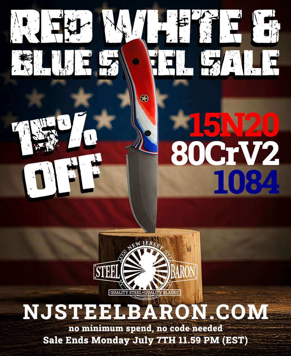 NJ_Steel_Baron's tweet photo. Our most patriotic steels are showing their colors. 🔴⚪🔵
15% off RED (15N20), WHITE (80Crv2), and BLUE (1084).
Light the forge, not just the fireworks. 🔥 https://t.co/YIx2vey3WW