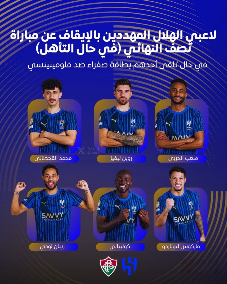 🚨🚨🚨🚨🚨🚨🚨🚨🚨🚨🚨🚨🚨🚨

لاعبي الهلال المهددين بالإيقاف عن مباراة نصف النهائي ' حال التأهل ':

🇸🇳 كوليبالي
🇧🇷 ماركوس ليوناردو 
🇧🇷 رينان لودي
🇵🇹 روبن نيفيز 
🇸🇦 محمد القحطاني
🇸🇦 متعب الحربي