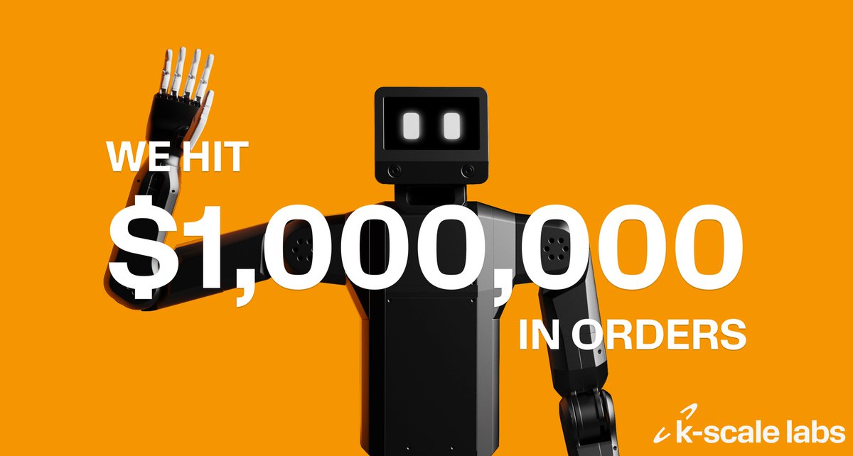 kscalelabs's tweet image. Wow, incredible to pass $1M in orders since launch on July 1st!
We launched K-Bot to give the world an open-source humanoid robot anyone can own.
Thank you to everyone who ordered!
The Humanoids revolution just got started 🚀🚀🚀