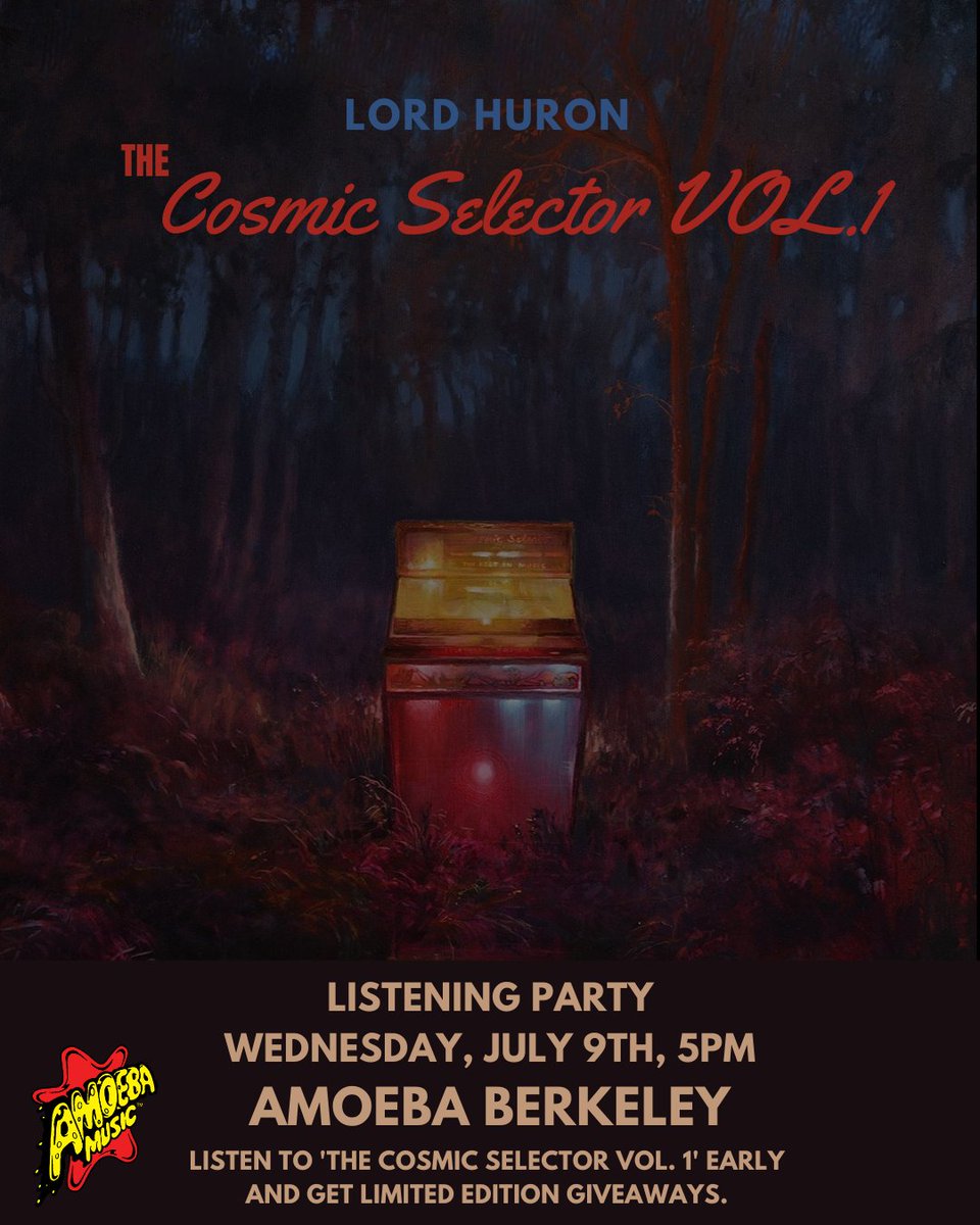 Bay Area! @amoebaberkeley is having a pre-release listening party for @lordhuron's "The Cosmic Selector Vol. 1" Wednesday, July 9th at 5pm!

Come hear the new album before its official 7/18 release, pick up some giveaways, and enter the raffle!

Info: bit.ly/3Gvbp9f