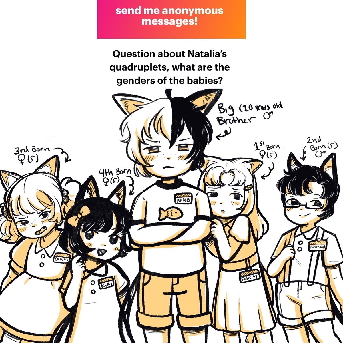 Natalia's Quadruplets are 3 girls, and 1 boy.

So in total she has 5 kids, 2 boys, and 3 girls!

In order from oldest to youngest we have.. 

Niko, Felicity, Raymond, Olivia, and Kiki.

ngl.link/lunarpix