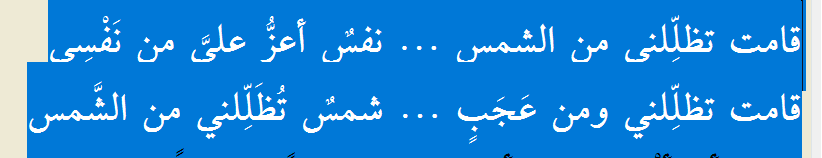 "Güneşe karşı bana gölge olmak için kalktı,
Bana canımdan daha aziz olan bir can.
Bana gölge oldu, ne şaşılası bir şey!
Bir güneş, güneşe karşı bana gölge oldu"

[İbnu'l-Amid]