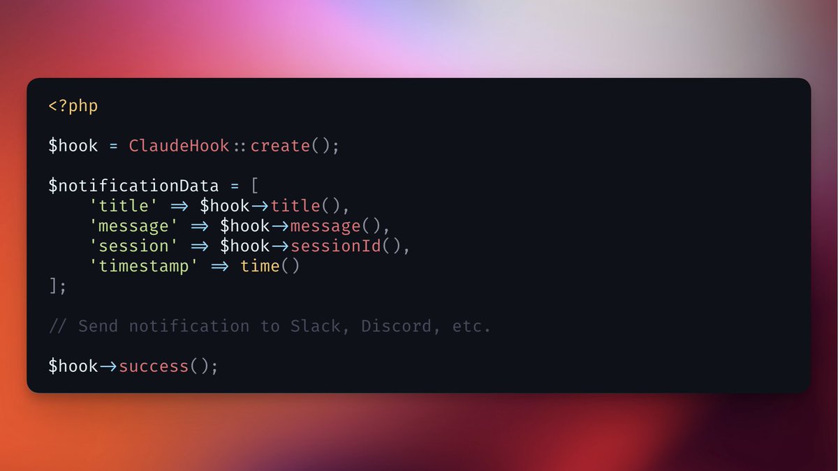 Marcel Pociot 🧪 (@marcelpociot) on Twitter photo Start building your Claude Code hooks with PHP! 🚀
The first version of the Claude Hooks PHP SDK is now available! Use it to send custom notifications, automatically run code when a specific tool needs approval, or when a task is finished.
github.com/beyondcode/cla… Start building your Claude Code hooks with PHP! 🚀
The first version of the Claude Hooks PHP SDK is now available! Use it to send custom notifications, automatically run code when a specific tool needs approval, or when a task is finished.
github.com/beyondcode/cla…