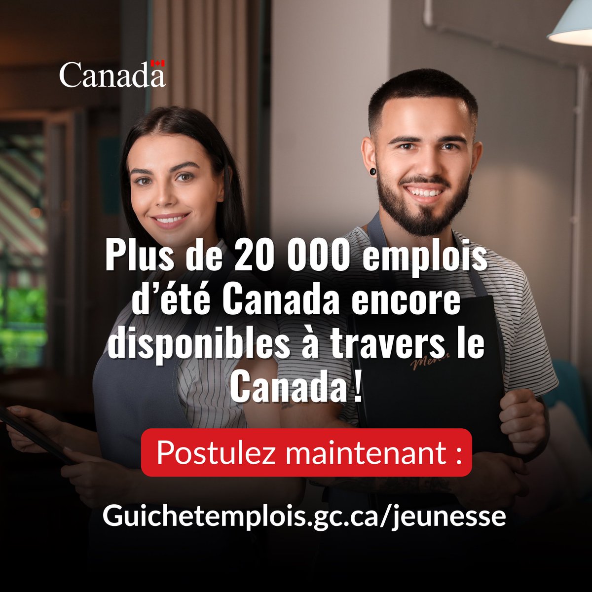 Le gouvernement agit pour lutter contre le chômage des jeunes.

Nous avons investi davantage dans le programme Emplois d'été Canada - et à l'heure actuelle, plus de 20 000 emplois sont encore disponibles à travers le pays.

Postulez dès maintenant !

Guichetemplois.gc.ca/jeunesse

🇨🇦