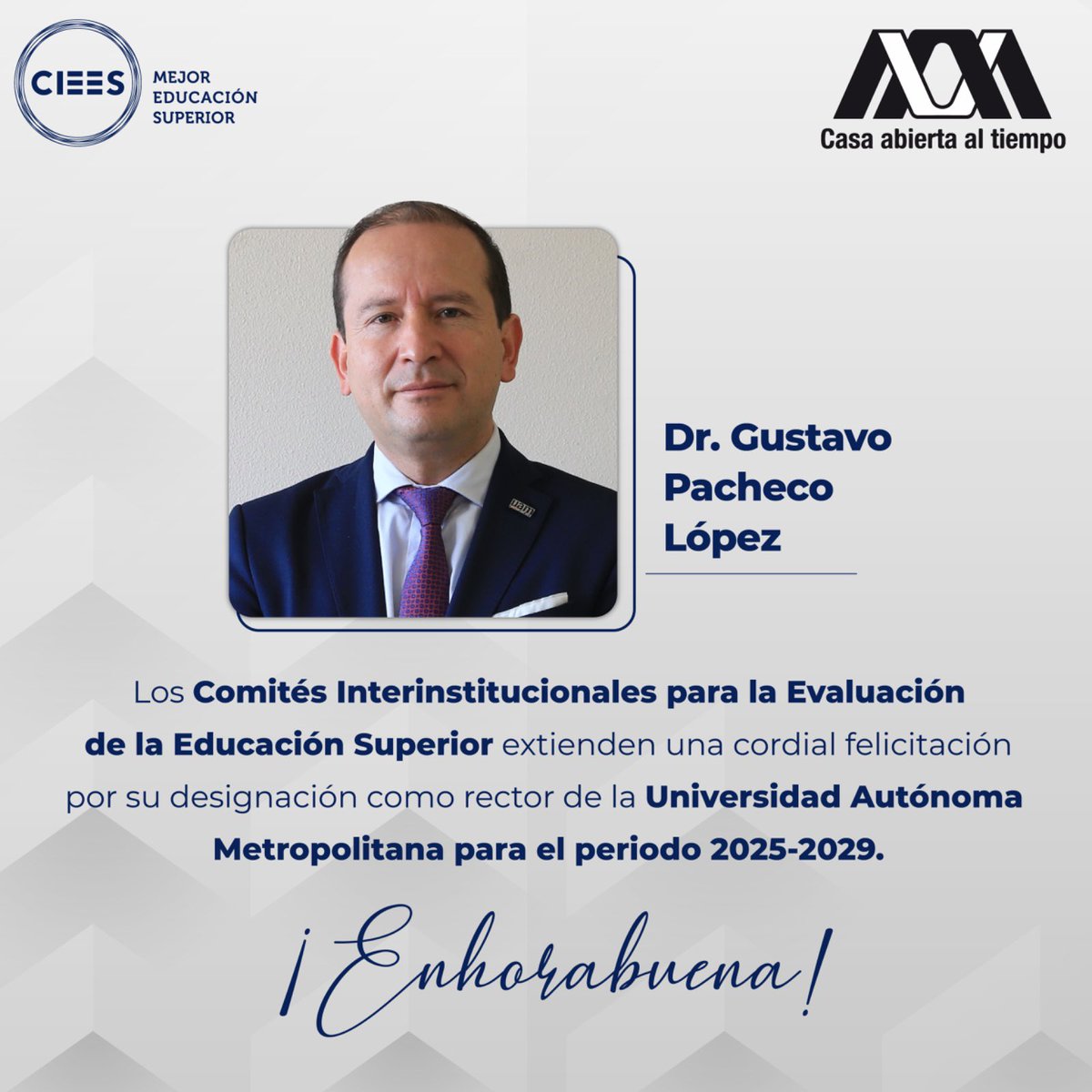 Extendemos nuestra felicitación al Dr. Gustavo Pacheco López por su designación como rector de <a href="/lauammx/">UAM</a>.

Deseamos mucho éxito durante su gestión y reiteramos nuestro compromiso con la calidad en la educación superior. 👏🏻👏🏻