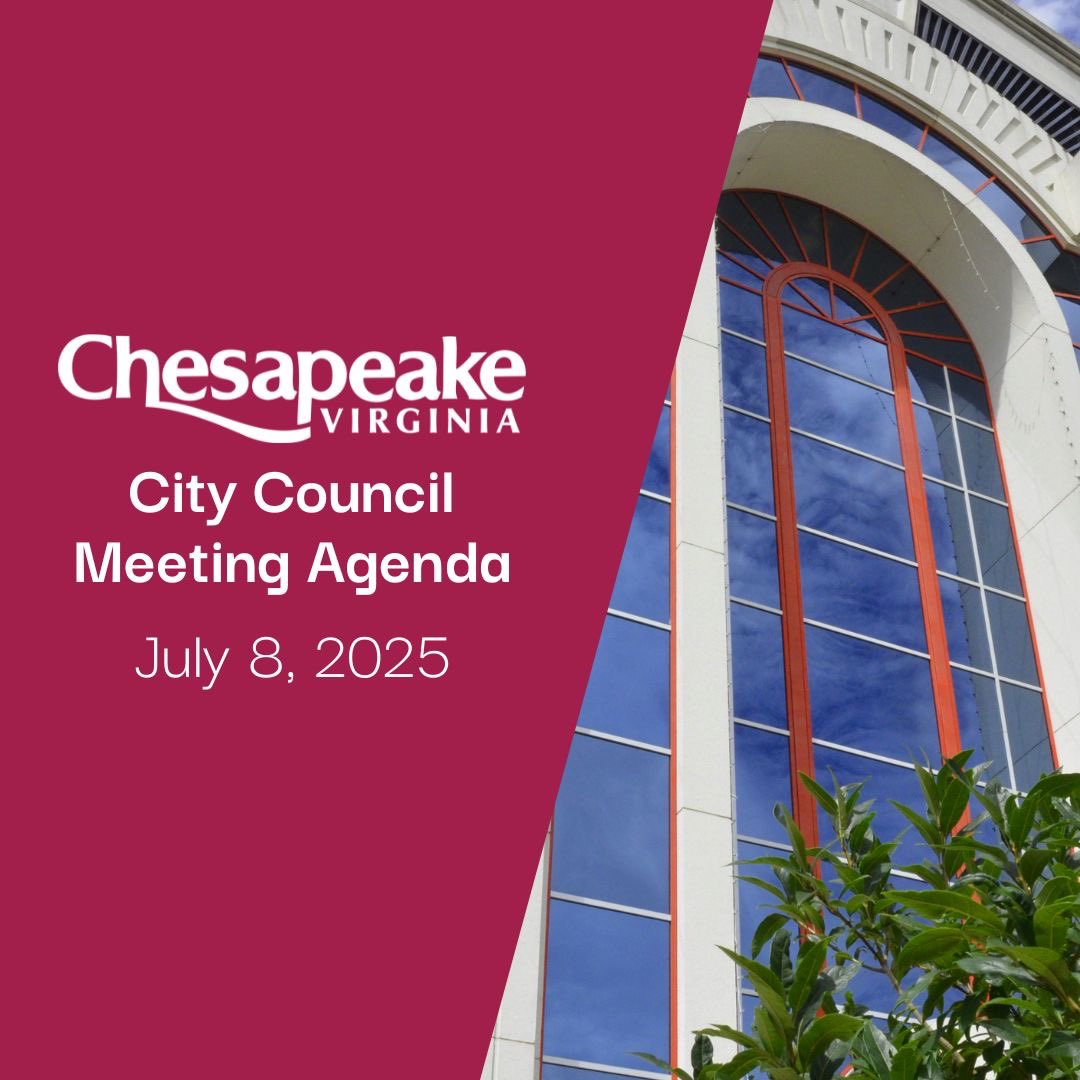 City Council will meet on Tuesday, July 8,  at City Hall. Speaker cards will be accepted for the Council Meeting up until 6:30 p.m. View the meeting agenda: CityOfChesapeake.net/Agenda