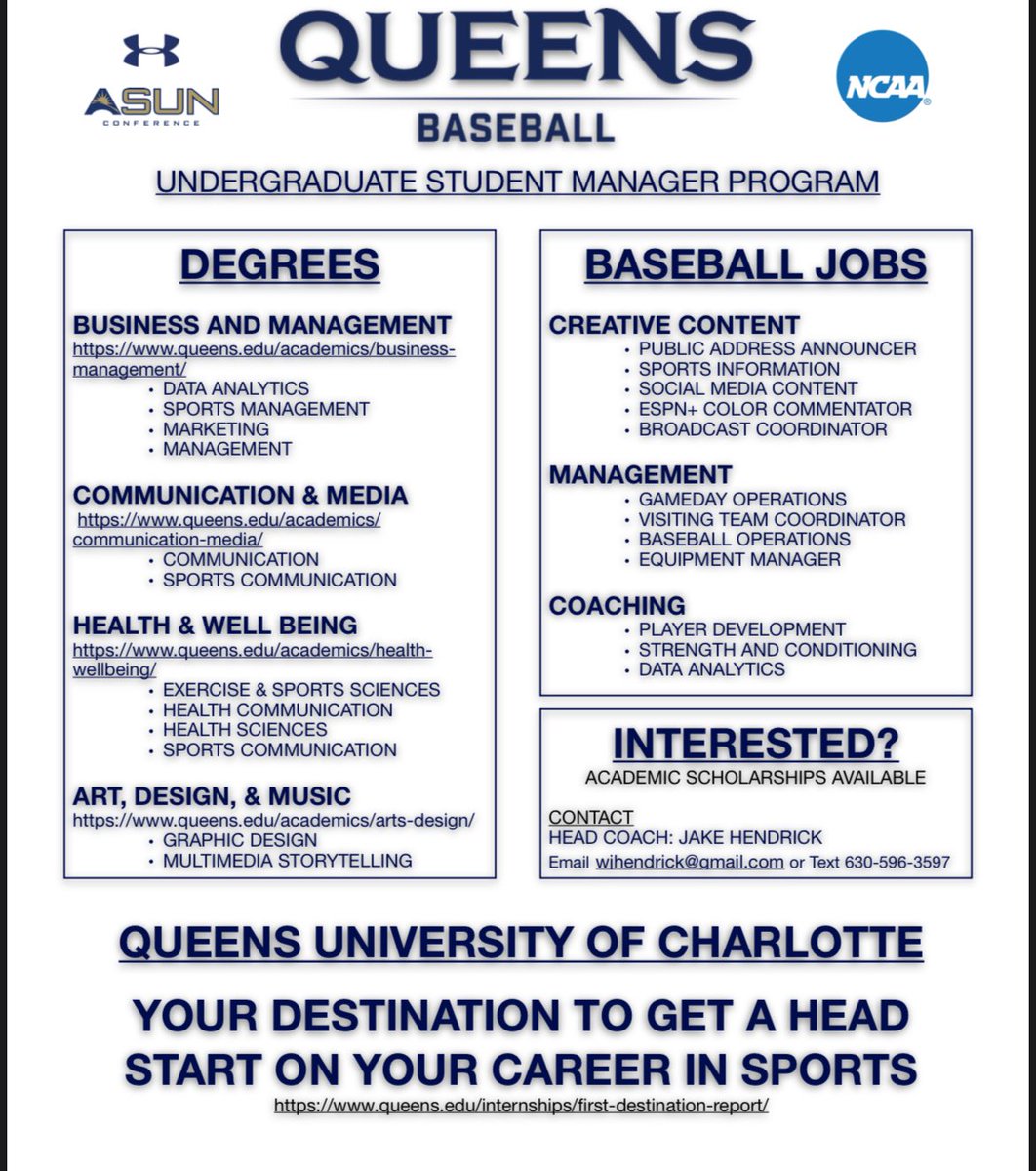 With the portal closed - I know there are guys out there that want to stay in the game of baseball or coach after college! Consider joining Queens as an Undergraduate Student Manager! Tons of different opportunities in Charlotte!