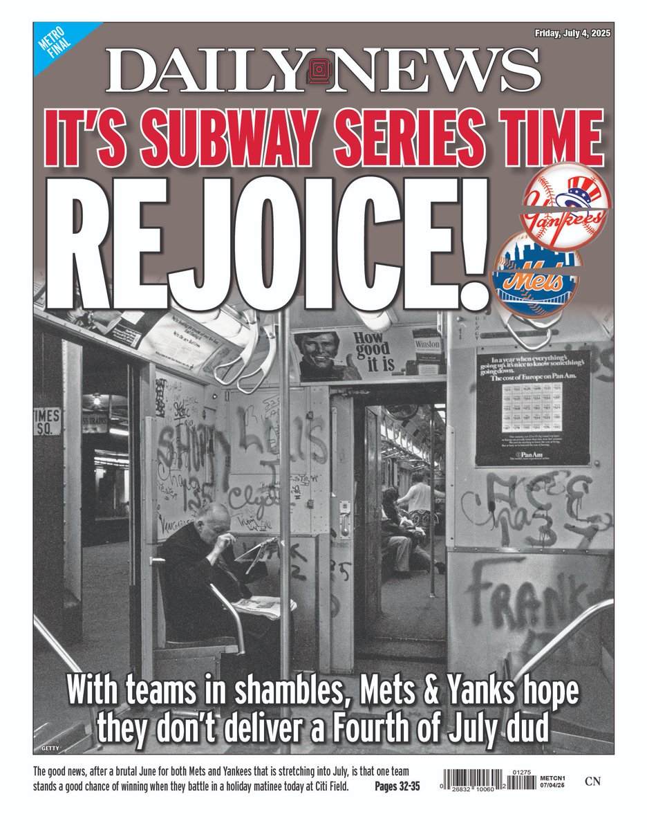 BackPageGuyNYDN's tweet image. Here's our @nydnsports back page. #mets #yankees @mlb @mlbnetwork @APSE_sportmedia #SubwaySeries 

nydailynews.com/2025/07/03/yan…