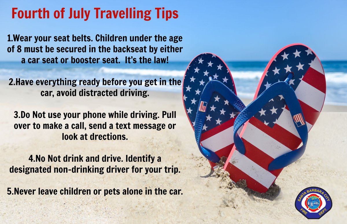 Hitting the road this 4th of July weekend? 🎆🚗 
SBFD would like to remind you to prioritize safety! Buckle up, avoid distractions, and keep a car emergency kit handy. Make unforgettable memories while keeping your loved ones safe! 💙