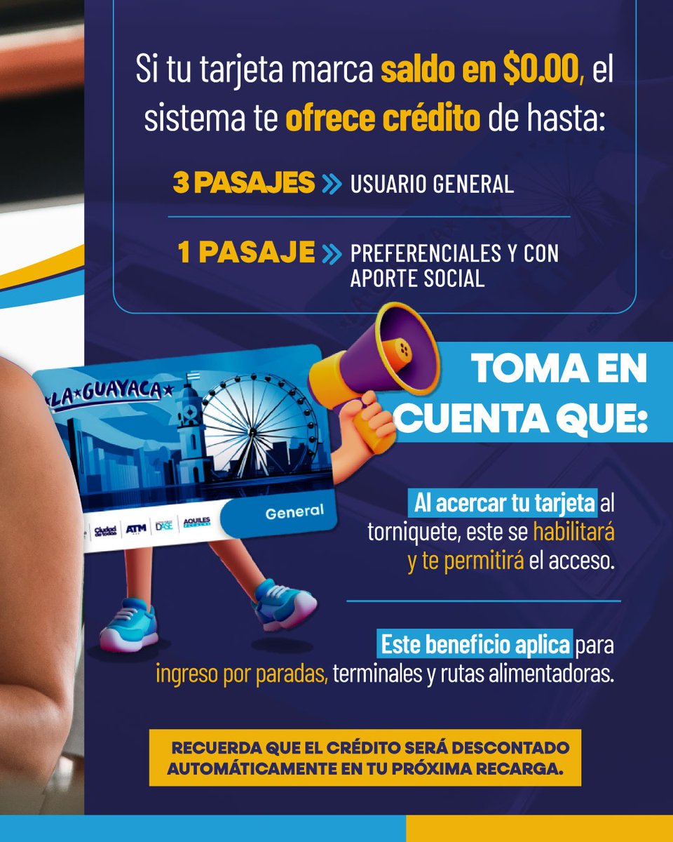 ¿Tu tarjeta marcó saldo $0.00?
¡No te preocupes! Metrovía te ofrece pasajes a crédito para que puedas moverte sin complicaciones.🚍

🚨Recuerda que el valor a crédito será descontado en tu próxima recarga.🎫

#CiudadDeTodos