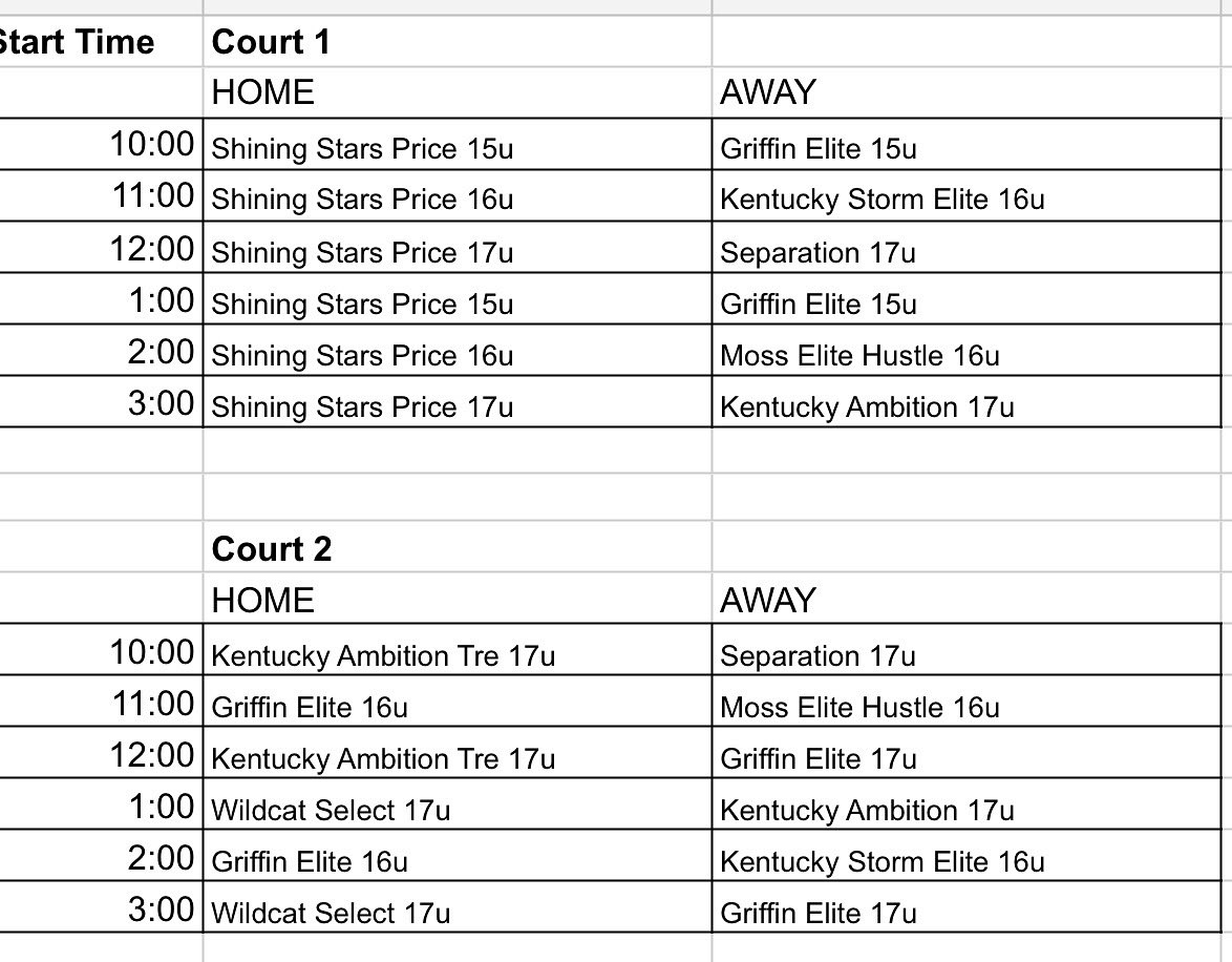 Schedule for Saturday’s Live Period Warm Up at Griffin Elite! Come and see some good games and the last AAU games in Kentucky for several of the top rising Seniors in the state!