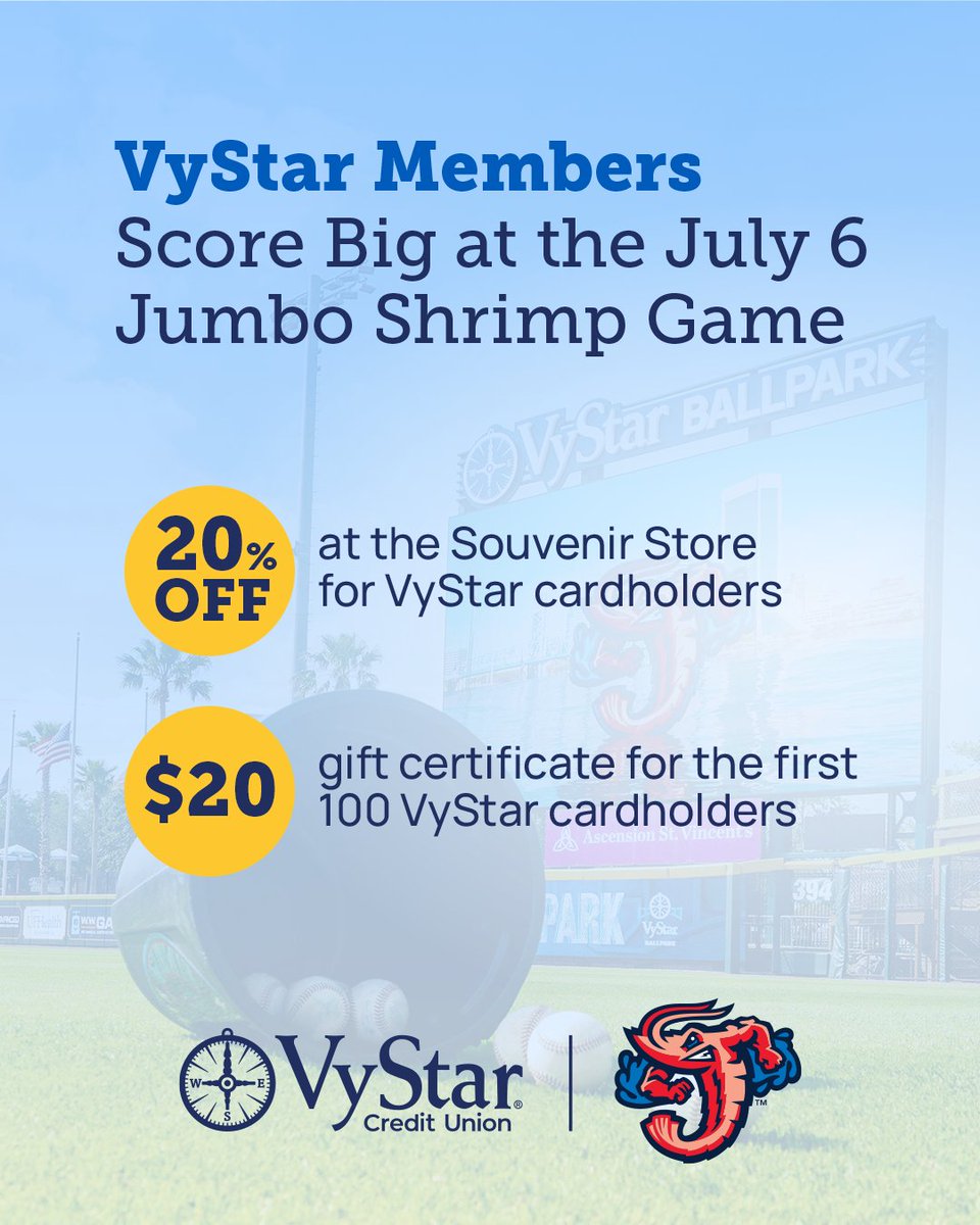 Jacksonville Jumbo Shrimp (@jaxshrimp) on Twitter photo In celebration of <a href="/OfficialVyStar/">VyStar Credit Union</a>'s Smart Spending Giveaway, VyStar Credit Union members won't want to miss this chance to save and score at tomorrow's game!
Find the VyStar team on the main concourse behind home plate. Plus, share your gameday pictures with #withVyStar In celebration of <a href="/OfficialVyStar/">VyStar Credit Union</a>'s Smart Spending Giveaway, VyStar Credit Union members won't want to miss this chance to save and score at tomorrow's game!
Find the VyStar team on the main concourse behind home plate. Plus, share your gameday pictures with #withVyStar
