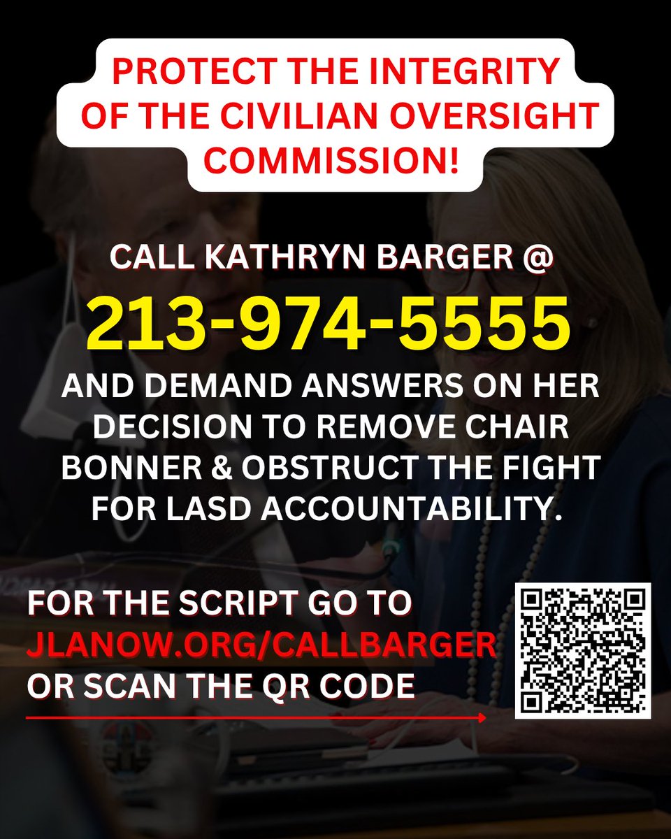 CareFirstCA's tweet image. Shame on @kathrynbarger  &amp;amp; the COUNTY LAWYERS for their intimidation and removal of two key members of the COC. Tell her that her support of Sheriff violence does NOT go unnoticed! Call her @ 213-974-5555 and visit  jlanow.org/CallBarger to see talking points #ProtecttheCOC