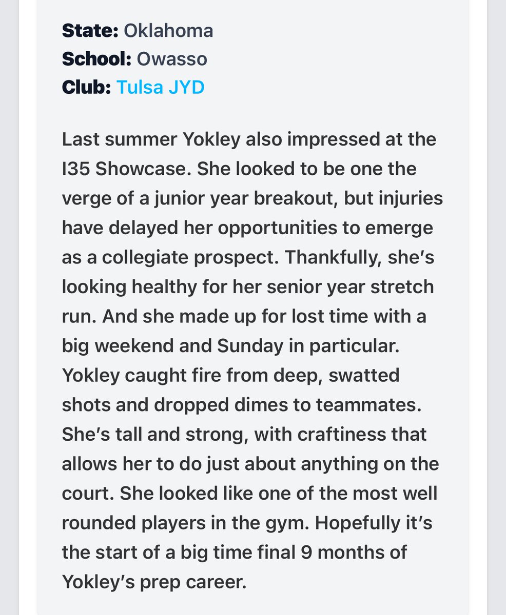 JYDBasketball's tweet photo. 2026 5-11 SG Sarah Yokley | @sarahyokley0 (Owasso OK) by Sam Duren of @PGHOklahoma from @I35Showcase_GBB in Wichita.
Have had coaches calling and texting about her all week! Big guard who is tough and skilled.
🔗 https://t.co/WB9Ppq8SGE
#1to5reeealfast | #jydDNA https://t.co/jl5g5e6CzD