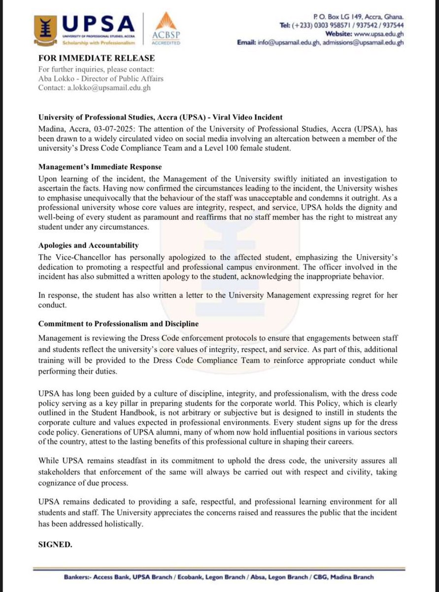 campusncentral's tweet photo. 📕 FOR IMMEDIATE RELEASE 

UPSA responds to the viral video involving a staff-student altercation, condemning the staff’s conduct and reaffirming its commitment to professionalism and student welfare. https://t.co/vv6SqvFJ8M