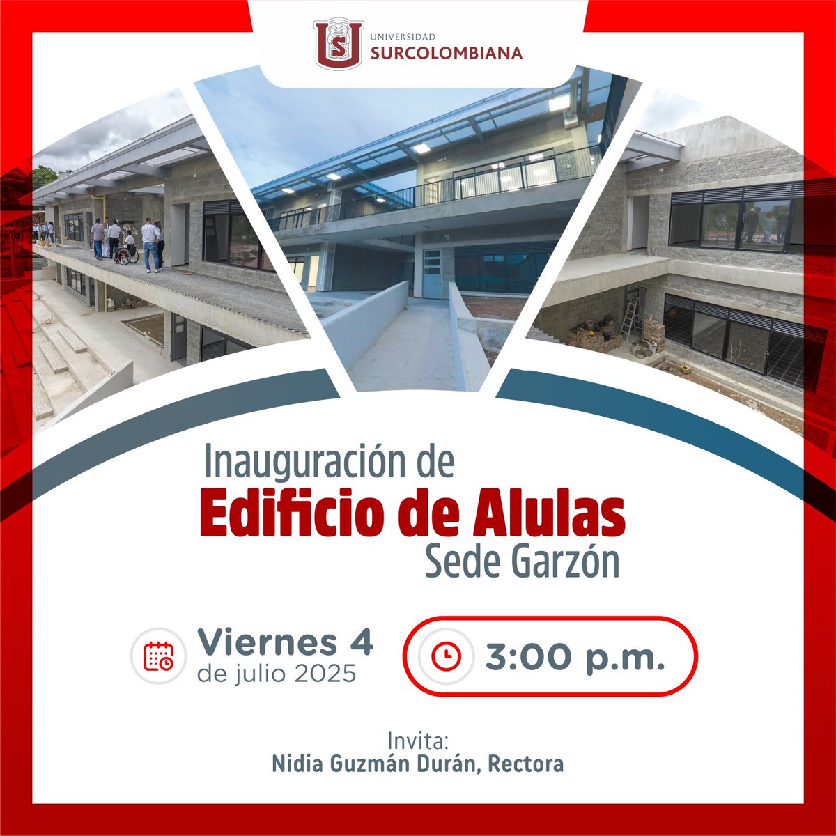 📣 ¡Gran noticia para la comunidad universitaria!
Te invitamos a la inauguración del nuevo edificio de aulas en la sede Garzón 🏫✨

🗓 Mañana
🕒 3:00 p. m.

¡Un espacio moderno que fortalecerá la formación académica en nuestra región! 💛💙❤️
#SomosUSCO #EducaciónConCalidad