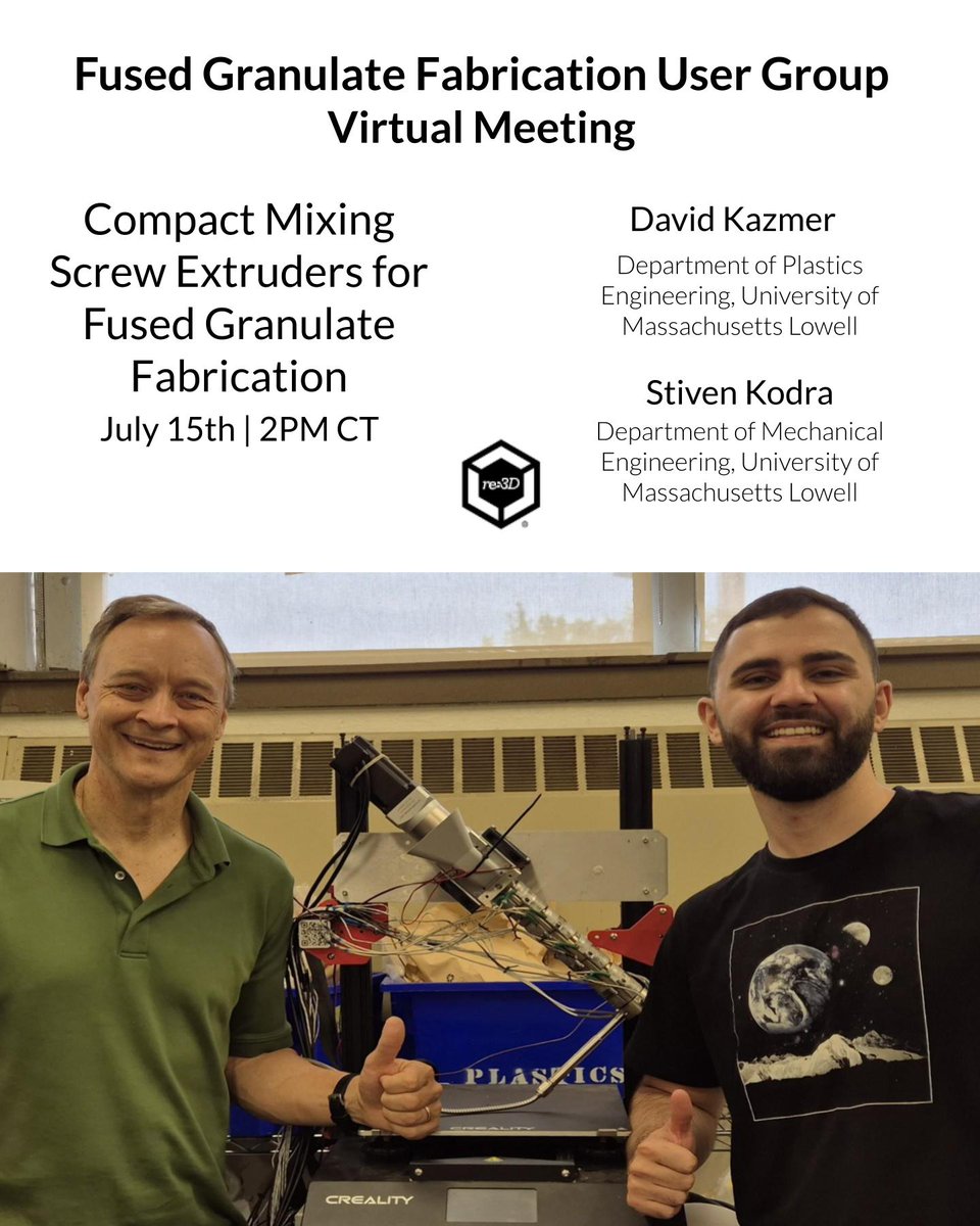 Our spring 2025 series of FGF User Group talks continues with David Kazmer and Stiven Kodra of UMass Lowell. Join us for a fantastic talk! 

Register here: eventbrite.com/e/fused-granul…

#3DPrinting #AdditiveManufacturing #Innovation #TechTalk #CircularEconomy #FGF #FGFUserGroup