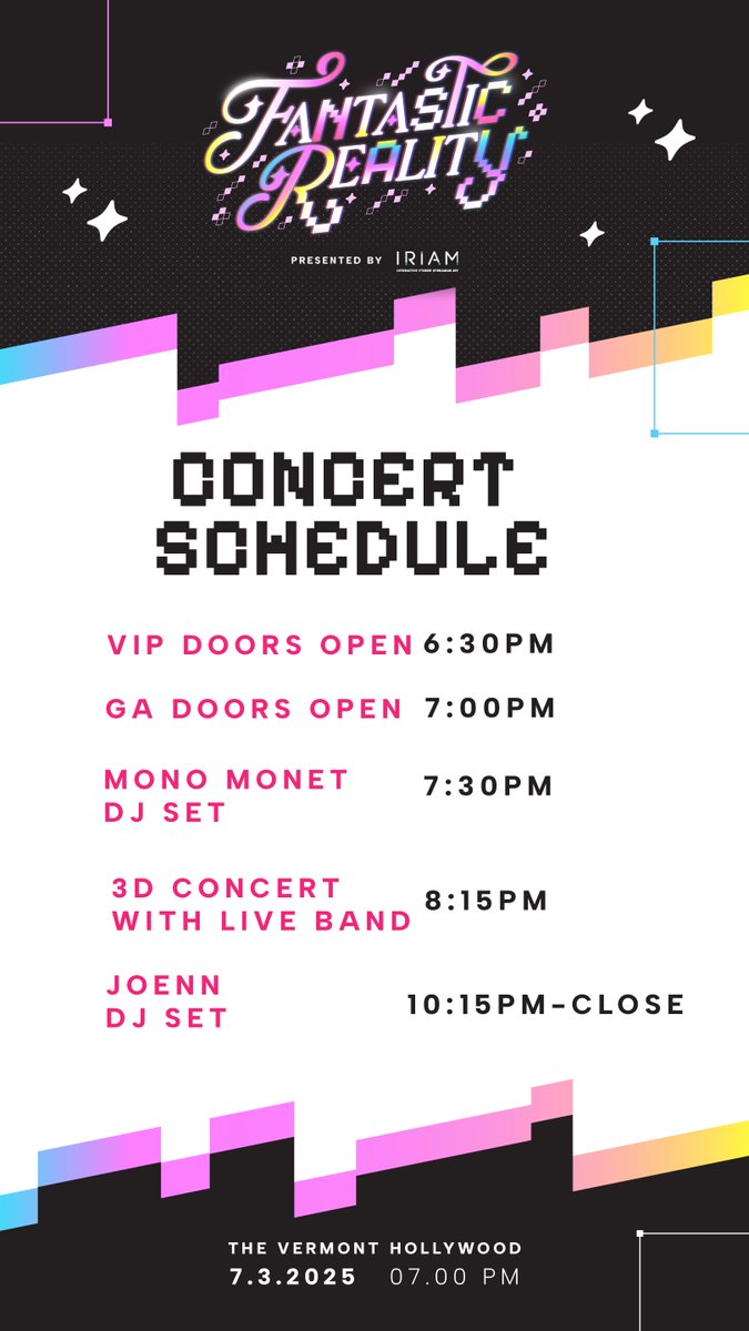 FRproductions's tweet image. TONIGHT at 7PM PT — join us for #FantasticReality presented by @IRIAM_US! 💫
✨ DJ @mono_monet kicks things off
🎤 3D VTuber concert w/ live band
🎧 DJ @JOENNmusic + surprise guests close out!
↓ Get your tickets below! ↓