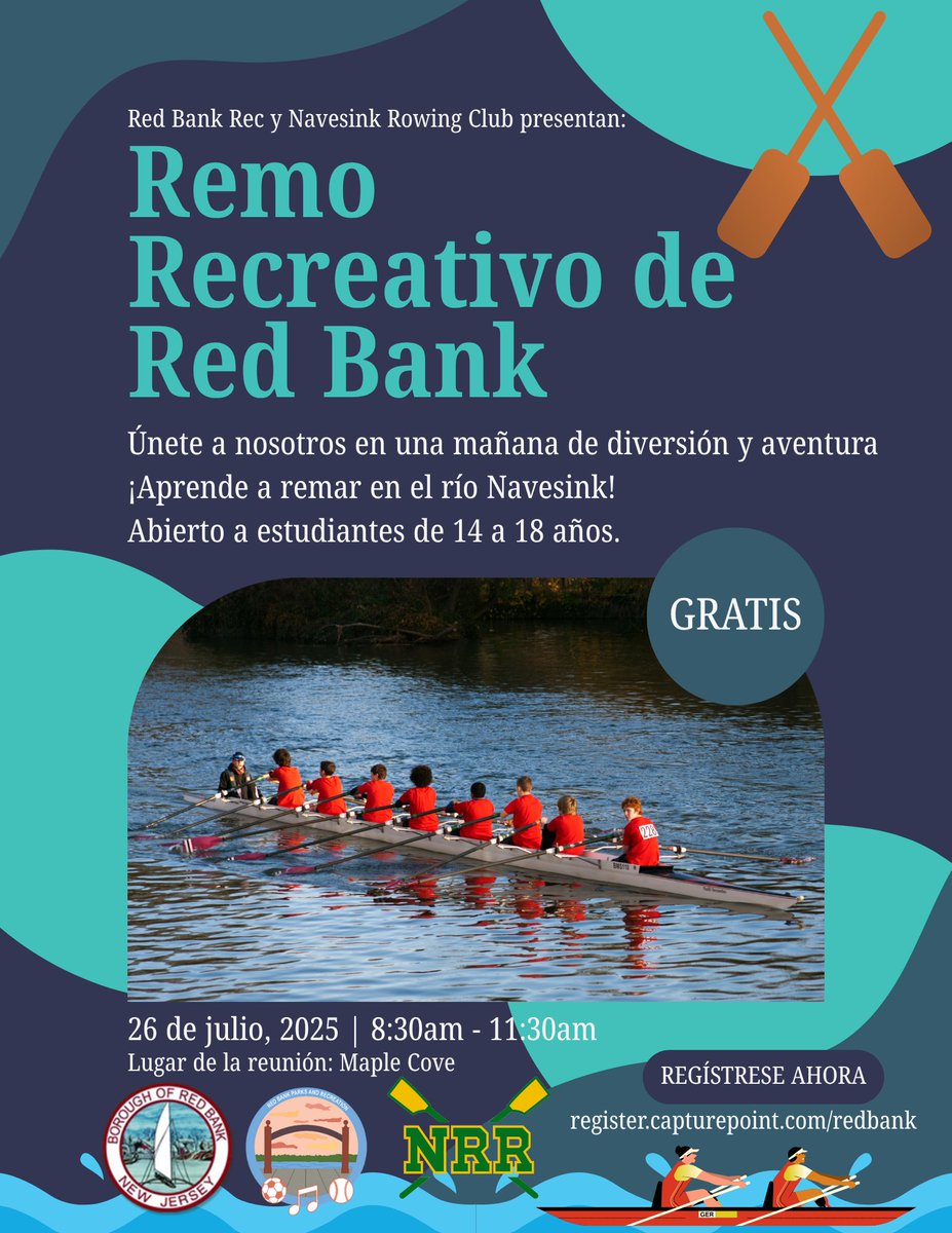 🚣Come enjoy a fun-filled morning of rowing and adventure on the Navesink River with the Navesink River Rowing Club! 
The rowing session will take place on Saturday, July 26th from 8:30am - 11:30am.
To register, please visit register.capturepoint.com/redbank (Summer 2025).