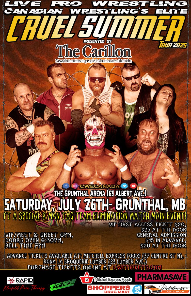 July 26 <a href="/CWECanada/">Canadian Wrestling's Elite</a> Grunthal, Manitoba

Ft <a href="/HotshotDannyD/">Hotshot Danny Duggan</a> <a href="/ronnieattitude/">Ronnie Attitude</a> <a href="/kevinjhcannon/">Kevin Cannon</a> <a href="/KevinODoyle1/">Kevin O’Doyle</a> <a href="/AC_DRAGNEEL/">AC Dragneel</a> <a href="/AdrienBB_Burton/">Adrien Burton</a> <a href="/TGCTS/">TheGreatCdnTalkShow</a> &amp; more!