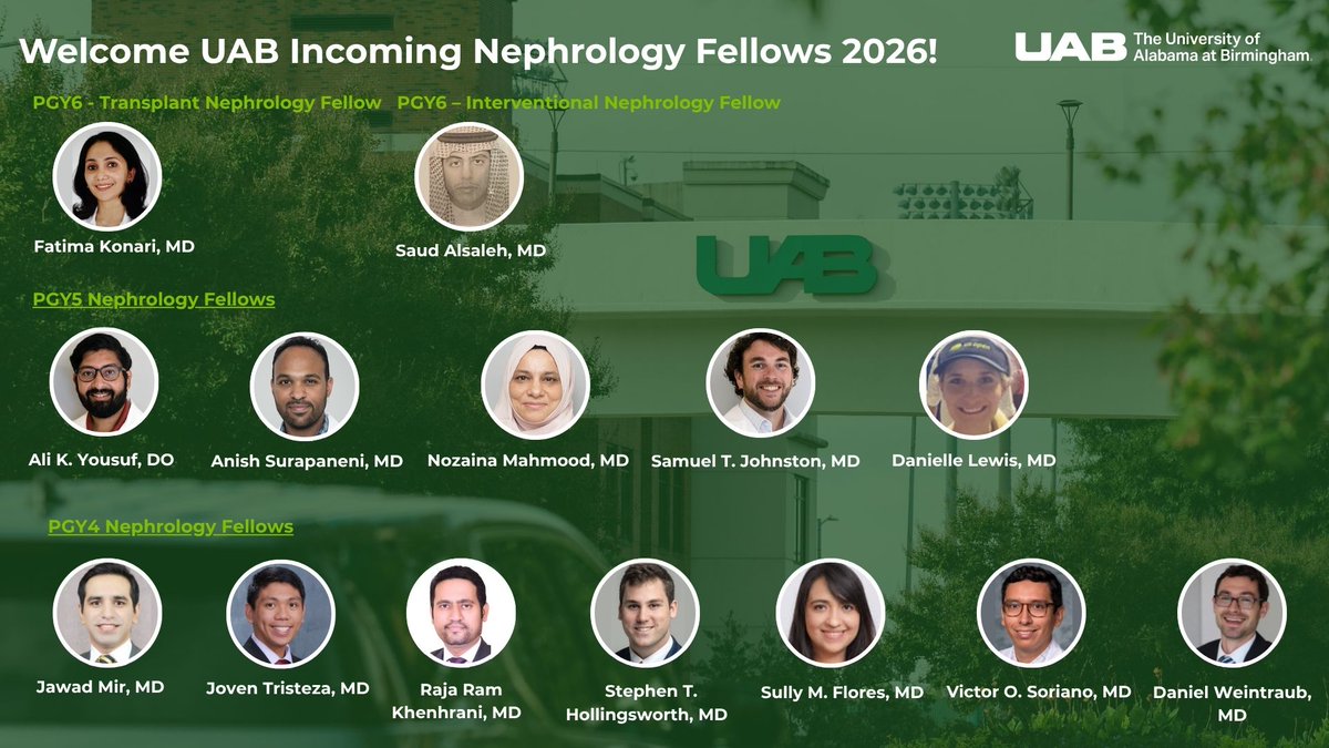 UAB Nephrology (@uab_nrtc) on Twitter photo The Nephrology Fellowship Program <a href="/UAB_NRTC/">UAB Nephrology</a> is excited to welcome our new fellows! We're also proud to see our current fellows advancing into their second year. #UABNephrology #MedEd #FellowshipLife
<a href="/ogutierrez136/">Orlando Gutierrez</a> <a href="/ClareLyas/">Clare Lyas</a> <a href="/KidneyCookie/">Jared Cook, MD</a> <a href="/DrTimmyLee1/">Dr Timmy Lee</a> The Nephrology Fellowship Program <a href="/UAB_NRTC/">UAB Nephrology</a> is excited to welcome our new fellows! We're also proud to see our current fellows advancing into their second year. #UABNephrology #MedEd #FellowshipLife
<a href="/ogutierrez136/">Orlando Gutierrez</a> <a href="/ClareLyas/">Clare Lyas</a> <a href="/KidneyCookie/">Jared Cook, MD</a> <a href="/DrTimmyLee1/">Dr Timmy Lee</a>