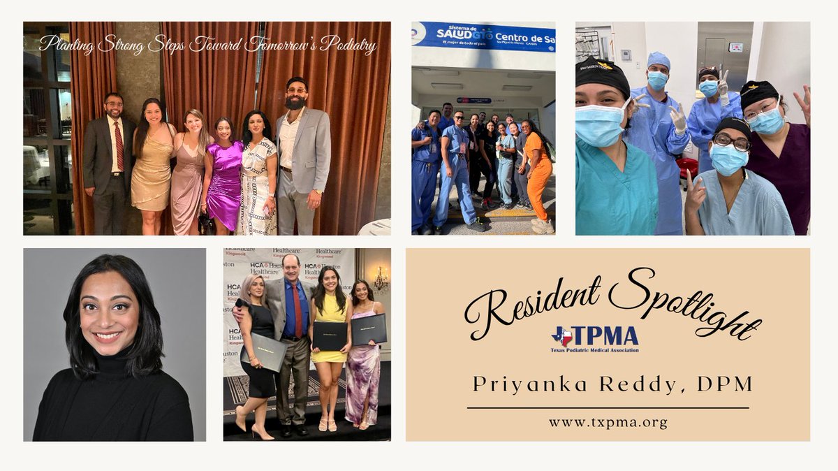 TPMAtweets's tweet image. 🎓 Resident Spotlight: Priyanka Reddy, DPM — HCA Kingwood grad heading to private practice in Flower Mound, TX! 🦶 Fav: Achilles repair | 💬 Best memory: Mission trip to San Miguel | 👀 Tip: Pick strong surgical training! Great Job! 🙌 #ResidentSpotlight #TPMA #DPM