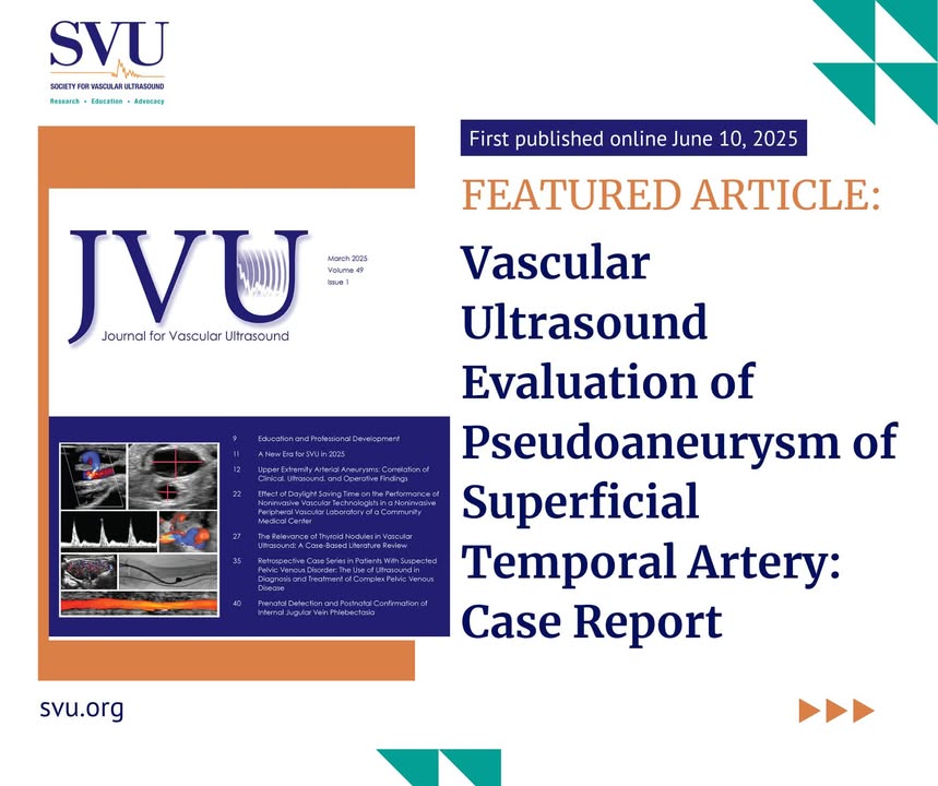 🌟 JVU Featured Article – Volume 49, Issue 2 (June 2025) 
Vascular Ultrasound Evaluation of a Pseudoaneurysm of the Superficial Temporal Artery: Case Report 

Members receive complimentary access to the JVU with CMEs ➡️ zurl.co/kUYWR 

#SVU #JVU #VascularUltrasound