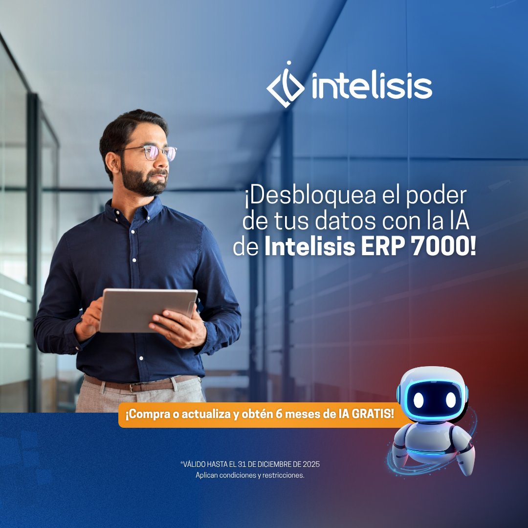 IntelisisCorp's tweet photo. Con #IntelisisERP7000 optimiza tu operación con nuestro Chatbot Conversacional para consultar, procesar y analizar información en tiempo real. ¡Actualiza o adquiere nuestra solución y obtén #IA sin costo por 6 meses! #Intelisis #ERP #GestiónEmpresarial https://t.co/O2ZAN7bR6i https://t.co/0DEnXUaeow