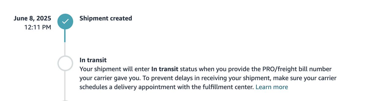 HolmsieCooks's tweet image. Can someone explain this for me?
I've provided the PRO number for this LTL shipment with a non-partnered carrier to Amazon
Yet the shipment status still won't update to In-Transit, even though they have an appointment scheduled for July 10th
Has anyone dealt with this?