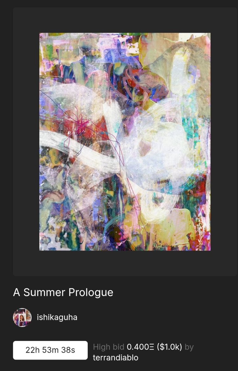 Ishika Guha (@ishikaguha2) on Twitter photo Right now I am quite speechless! Thank you <a href="/MetaReillyd1/">MetaReilly.og 🇬🇧</a> for starting the auction for my SuperRare piece 'A Summer Prologue' 🙏 and really thankful to Terrandiablo for putting another bid for the art, so excited 🎉💙 Right now I am quite speechless! Thank you <a href="/MetaReillyd1/">MetaReilly.og 🇬🇧</a> for starting the auction for my SuperRare piece 'A Summer Prologue' 🙏 and really thankful to Terrandiablo for putting another bid for the art, so excited 🎉💙
