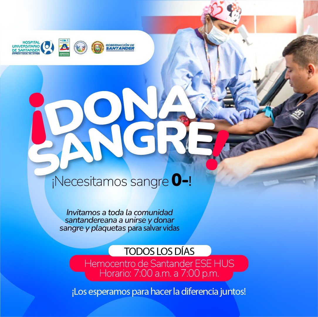 Hospital Universitario de Santander (@husantander) on Twitter photo 🚨 ¡Tu donación puede ser la esperanza de alguien!
Necesitamos sangre tipo O-
Acércate al Hemocentro de la ESE HUS.
📍 Calle 33 con carrera 25
🕖 De lunes a domingo, 7:00 a.m. a 7:00 p.m.
🙌 ¡Dona sangre, dona vida!
<a href="/ricardohoyosl/">@RicardoHoyosL</a>
<a href="/GobdeSantander/">Gobernación de Santander</a> 🚨 ¡Tu donación puede ser la esperanza de alguien!
Necesitamos sangre tipo O-
Acércate al Hemocentro de la ESE HUS.
📍 Calle 33 con carrera 25
🕖 De lunes a domingo, 7:00 a.m. a 7:00 p.m.
🙌 ¡Dona sangre, dona vida!
<a href="/ricardohoyosl/">@RicardoHoyosL</a>
<a href="/GobdeSantander/">Gobernación de Santander</a>