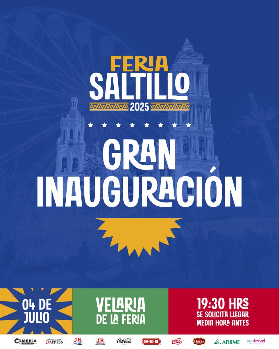 feria_saltillo's tweet photo. ¡Una fiesta que nos une! 🎆
Te invitamos a la inauguración de nuestra feria. 🎡

📆 Viernes 4 de Julio
⏰19:30 hrs
👉🏻Se solicita llegar media hora antes
 🎟️Entrada general: $65 pesos https://t.co/RiX42HRdN9