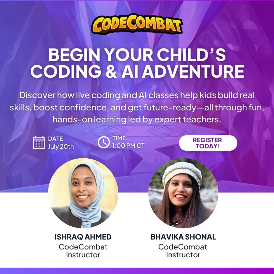 Parents: Curious how coding &amp; AI classes can set your child up for success?
Join our live webinar on July 20 @ 1PM CT.
🎮 Game-based, live, &amp; tailored to every learner.
🔗 Register: us06web.zoom.us/webinar/regist…
#CodingForKids #Parenting #EdTech #Parents  #STEM