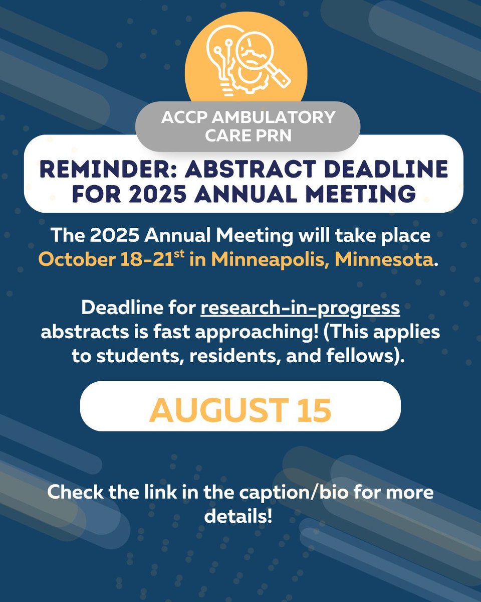 If you are a student, resident, or fellow, it's not too late to submit your research-in-progress abstract for your current research project! This is a great way to get national recognition. Deadline is August 15! Link in bio for submission link. #accp #accpannualmeeting