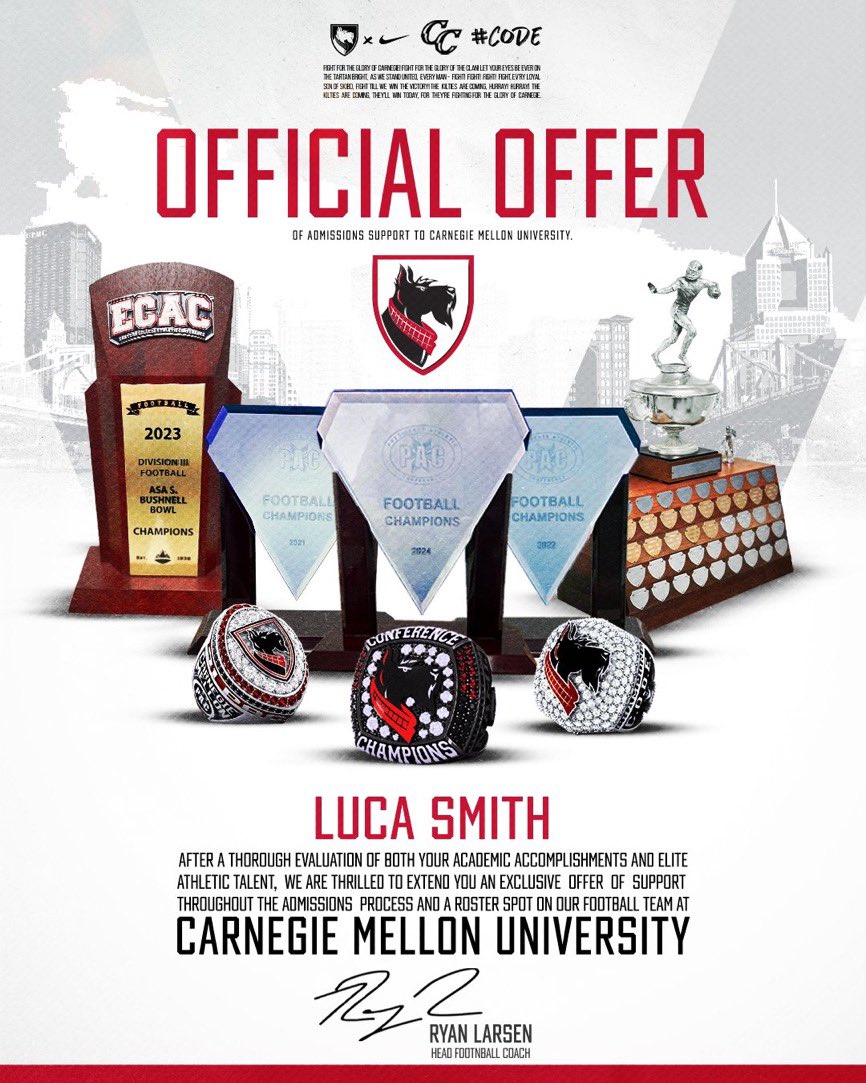 Luca Smith (@smithluca77) on Twitter photo After an amazing conversation with <a href="/CoachGibboney/">Coach Gibboney</a> I am blessed to announce I have received my 2nd offer from <a href="/TartanFB/">Carnegie Mellon Football</a> #AGTG✝️ #RollTarts
<a href="/CoachRyanLarsen/">Ryan Larsen</a> <a href="/Coach_Kay19/">K. K. Rountree🇹🇹</a> <a href="/CoachSheridan34/">Kevin Sheridan</a> <a href="/Chaminade_FB/">Chaminade Flyers Football</a> <a href="/coache57/">Tom Elder</a> <a href="/CoachClaro/">Tom Claro</a> After an amazing conversation with <a href="/CoachGibboney/">Coach Gibboney</a> I am blessed to announce I have received my 2nd offer from <a href="/TartanFB/">Carnegie Mellon Football</a> #AGTG✝️ #RollTarts
<a href="/CoachRyanLarsen/">Ryan Larsen</a> <a href="/Coach_Kay19/">K. K. Rountree🇹🇹</a> <a href="/CoachSheridan34/">Kevin Sheridan</a> <a href="/Chaminade_FB/">Chaminade Flyers Football</a> <a href="/coache57/">Tom Elder</a> <a href="/CoachClaro/">Tom Claro</a>