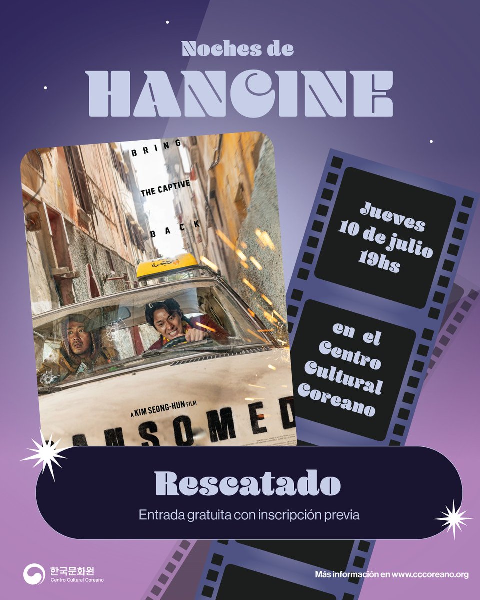 CCCoreanoArg's tweet photo. 💝¡En julio continuamos con los ciclos de #HANCINE!💝
Este jueves 10 de julio a las 19h no te pierdas de “Rescatado”, una película de acción, comedia y drama del director Kim Seong-hun.
🎟 Entrada gratuita con inscripción previa
inscribite en: https://t.co/S0pcdruD8I https://t.co/MPQMogB1O4