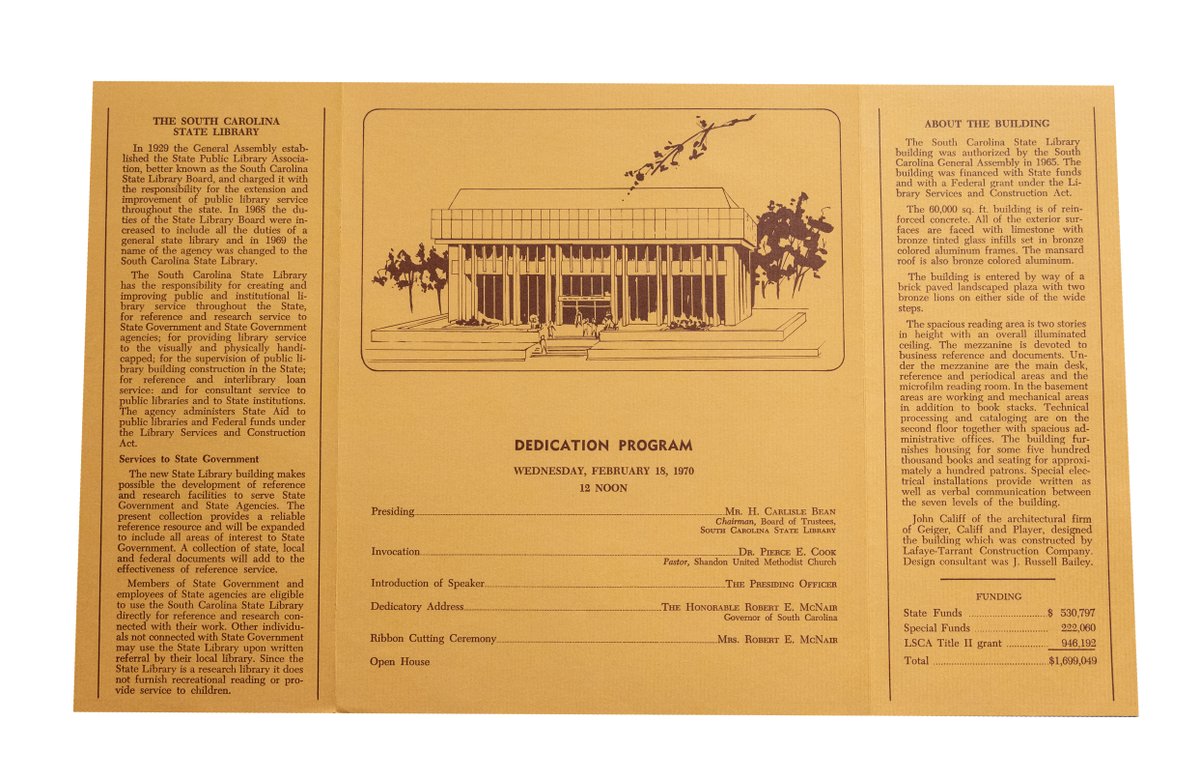 Happy #ThrowbackThursday! Today's photo is of the South Carolina State Library Building Dedication Program from February 18, 1970.