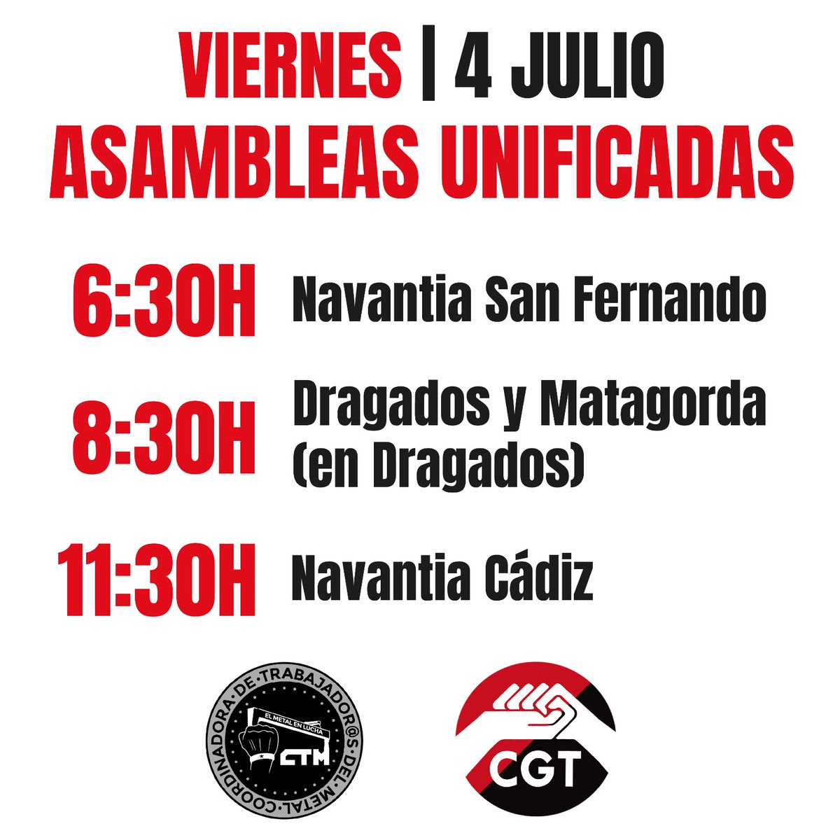 CGT Navantia San Fernando (@cgt_navantia_sf) on Twitter photo Mañana viernes 4 de julio asambleas unificadas de <a href="/CTM97560609/">@CTM coordinadora de trabajadores del metal</a> y <a href="/CGT_Navantia_SF/">CGT Navantia San Fernando</a>.
📍 6.30h en Navantia San Fernando
📍 8.30h en Dragados
📍 11.30h Navantia Cádiz
#HuelgaDelMetalCadiz Mañana viernes 4 de julio asambleas unificadas de <a href="/CTM97560609/">@CTM coordinadora de trabajadores del metal</a> y <a href="/CGT_Navantia_SF/">CGT Navantia San Fernando</a>.
📍 6.30h en Navantia San Fernando
📍 8.30h en Dragados
📍 11.30h Navantia Cádiz
#HuelgaDelMetalCadiz