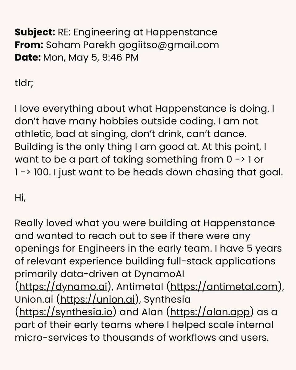 thenomadevel's tweet image. Now I get how Soham Parekh landed 5 jobs.
If I got this email, I’d give him my job.