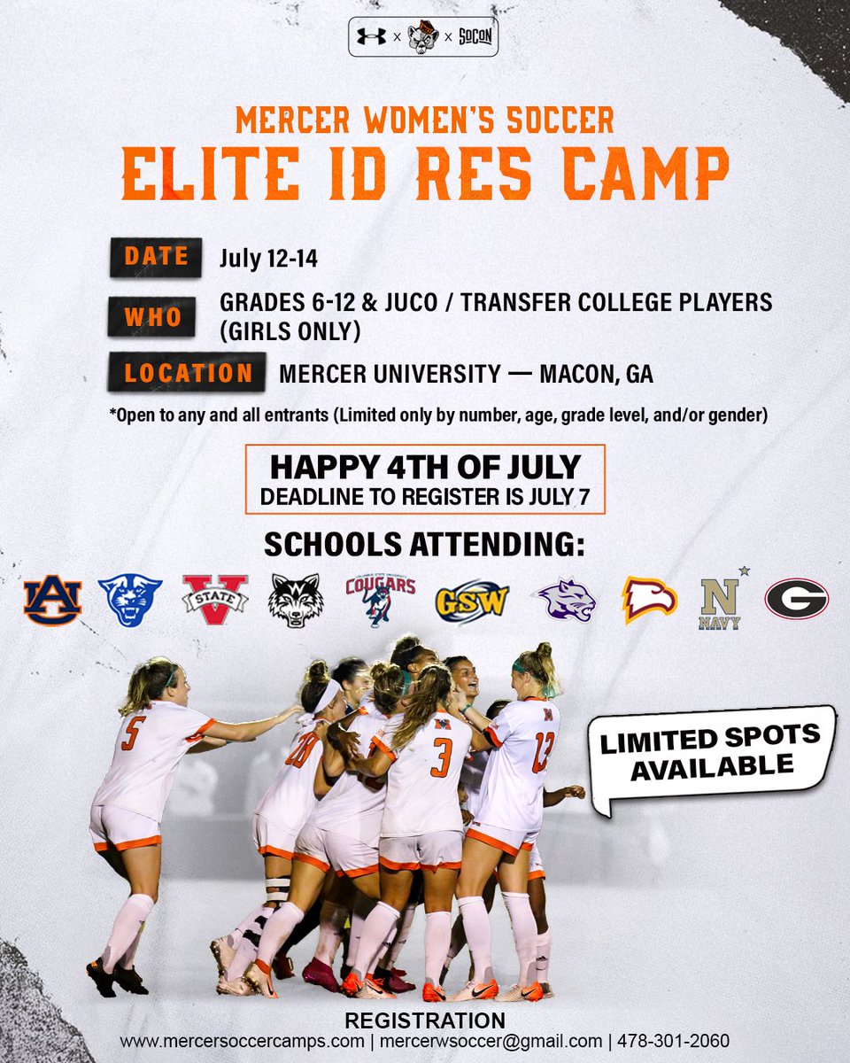 MercerWSoccer's tweet image. Happy 4th of July🇺🇸! We hope everyone has a fun and safe weekend! Registration for our Elite ID Residential Camp closes THIS SUNDAY at 11:59 pm! Click the link below and sign up if you haven’t already, only a few spots remain!
GO BEARS!! 🐻⚽️
teescamps.com