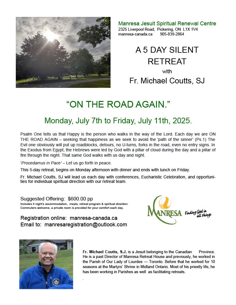 JesuitsofCanada's tweet image. Feeling spiritually offtrack? This 5-day retreat with Fr. Michael Coutts, SJ, at Manresa offers a gentle way to pause, reflect and reconnect — with God, yourself and nature.
Explore the journey: bit.ly/45OJMCv