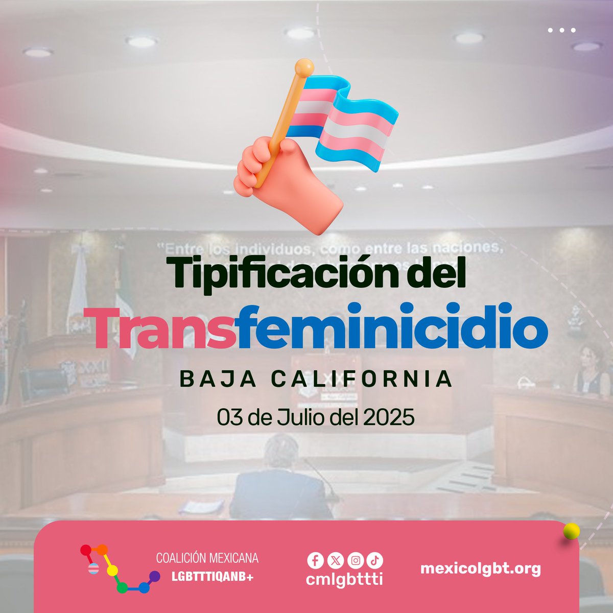 cmlgbttti's tweet photo. 📢 Baja California da un paso firme hacia la justicia con perspectiva de género: ¡El transfeminicidio ya es ley!

Este 3 de julio, el @congresobc ia aprobó por unanimidad la tipificación del delito de transfeminicidio, con 22 votos a favor, cero en contra y cero abstenciones. 🏳️‍⚧️ https://t.co/eI6qc0wE9y