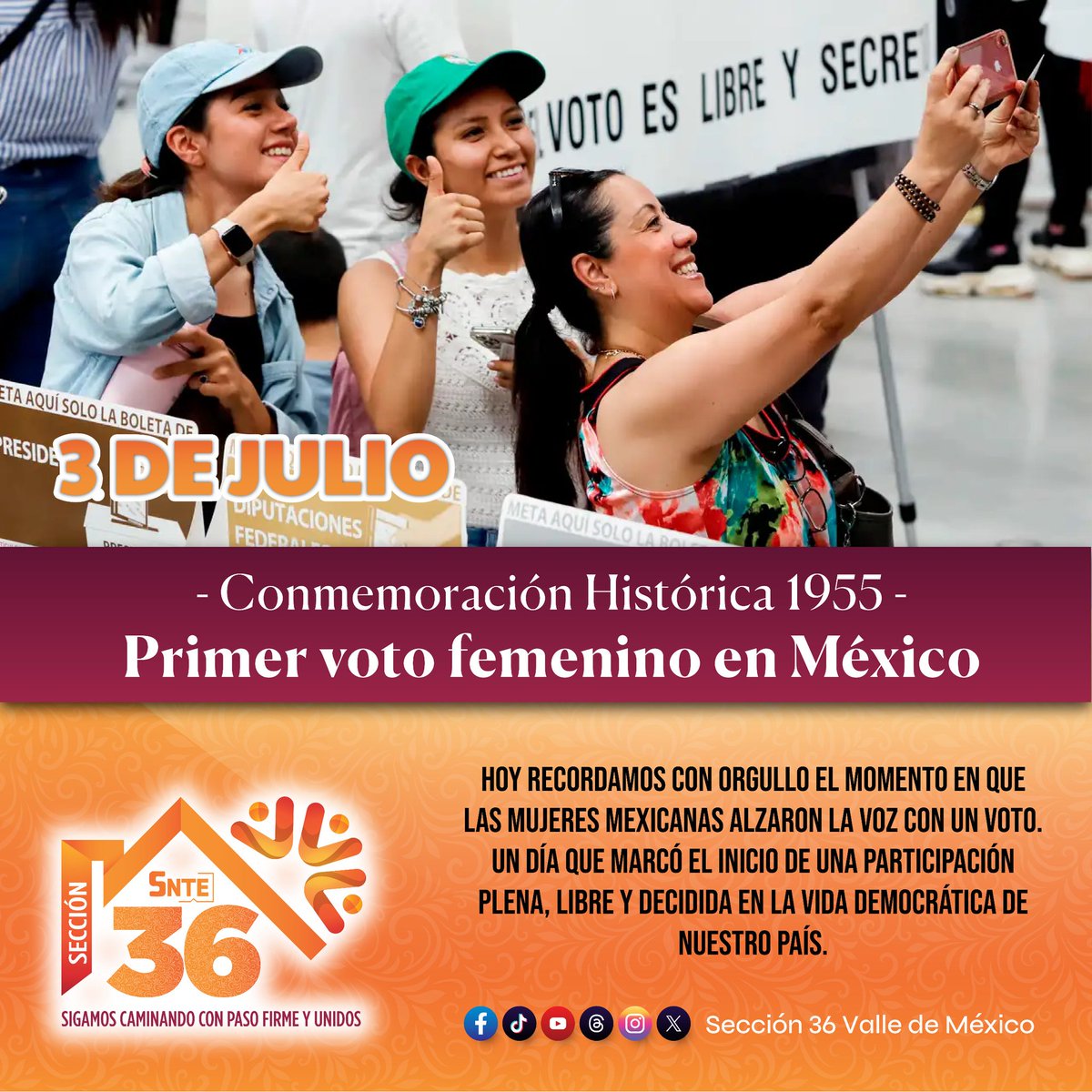 🟠 El día de hoy rememoramos que el 3 de julio de 1955, las mujeres mexicanas votaron por primera vez en una elección federal para elegir diputados a la XLIII Legislatura, este derecho fue conquistado tras una larga lucha, el voto femenino en México se refiere al hecho de