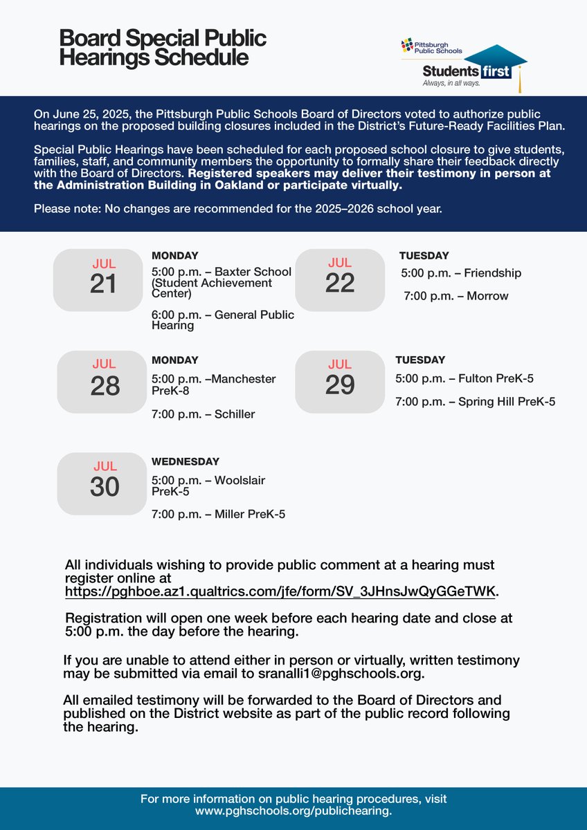 PPS has announced the Public Hearing schedule for recommended school closures under the #FutureReadyFacilities Plan. All hearings will take place at the Admin Building in Oakland, July 21–30.

🔗 pghschools.org/futurePPS
pghschools.org/publichearing
