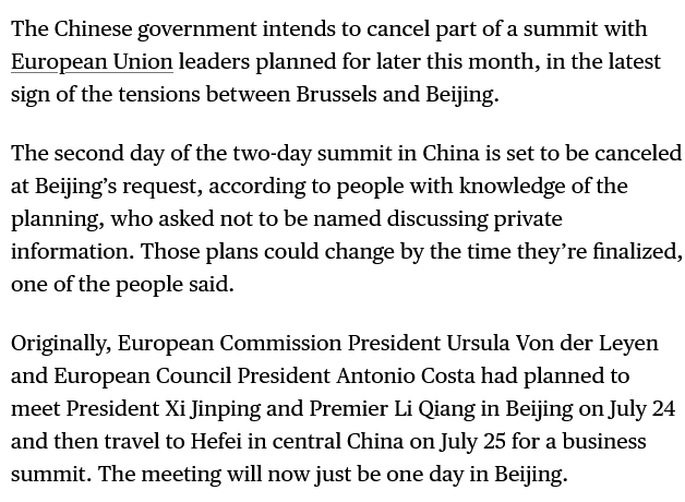 The Chinese government intends to cancel part of a summit with EU leaders planned for later this month, in the latest sign of the tensions between Brussels and Beijing bloomberg.com/news/articles/…